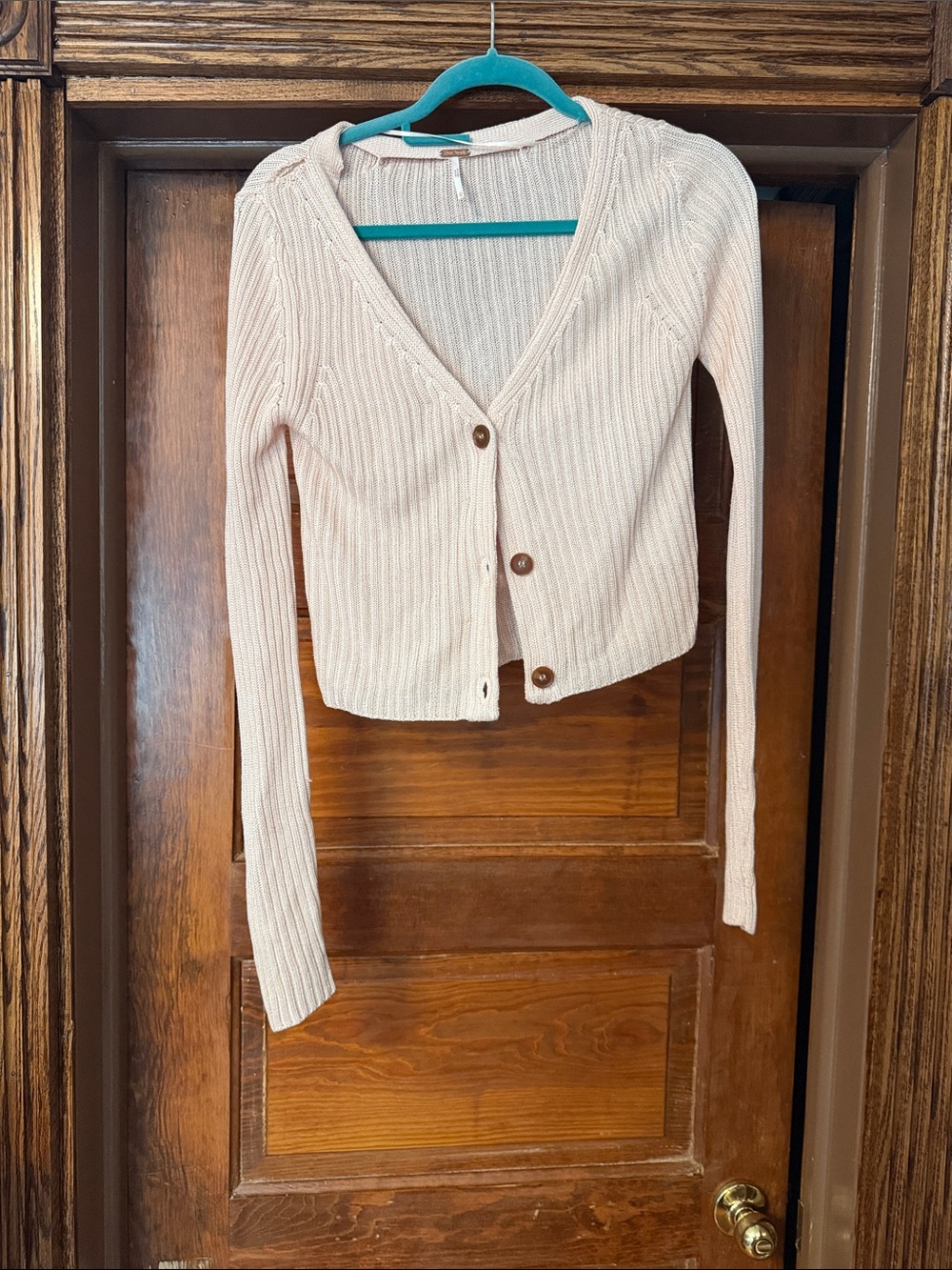 Free People Cream Ribbed V-Neck Button Cardigan